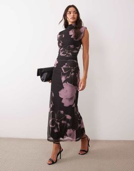 ASOS DESIGN ASOS DESIGN printed mesh high neck detail maxi dress with shoulder pads in purple floral-MULTI