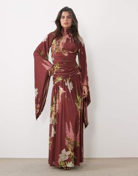 ASOS DESIGN ASOS DESIGN printed mesh high neck modesty maxi dress with waterfall sleeve detail in red floral-Multi