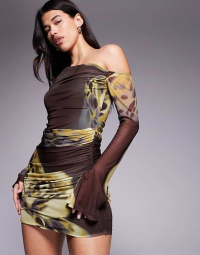 ASOS DESIGN ASOS DESIGN printed mesh off-shoulder mini dress with angel sleeve in animal-Multi