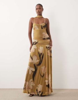 ASOS DESIGN ASOS DESIGN printed mesh ruched bust maxi dress with scarf detail in mustard floral-Multi