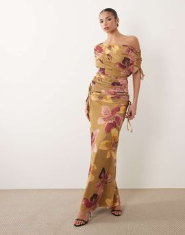ASOS DESIGN ASOS DESIGN printed mesh ruched maxi skirt in buttermilk floral print - part of a set-Multi