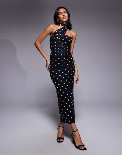 ASOS DESIGN ASOS DESIGN printed polka dot bandeau maxi dress with scarf detail in black