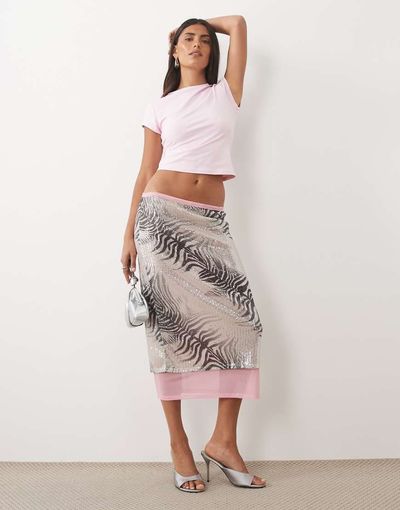 ASOS DESIGN ASOS DESIGN printed sequin peek a boo hem midi pencil skirt in zebra-Multi