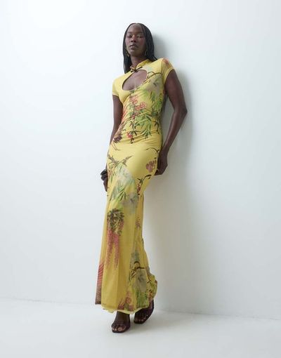 ASOS DESIGN ASOS DESIGN printed stretch chiffon maxi dress with mandarin collar in botanical print-Multi