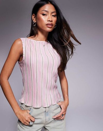 ASOS DESIGN ASOS DESIGN printed striped plisse cap sleeve tee in multi