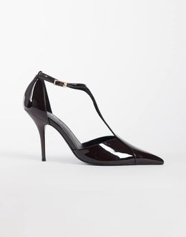 ASOS DESIGN ASOS DESIGN Prize T bar stiletto high pumps in chocolate patent-Brown