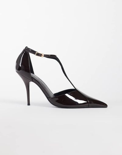 ASOS DESIGN ASOS DESIGN Prize T bar stiletto high pumps in chocolate patent-Brown