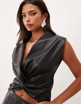 ASOS DESIGN ASOS DESIGN PU twist front deep plunge cap sleeve top in black