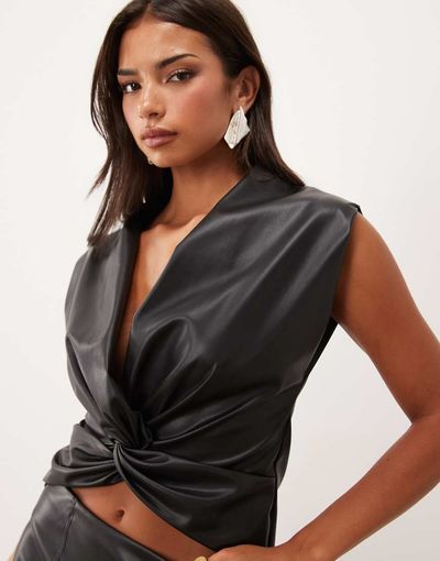 ASOS DESIGN ASOS DESIGN PU twist front deep plunge cap sleeve top in black