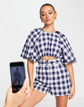 ASOS DESIGN ASOS DESIGN puff sleeve cut out romper in gingham print-Multi