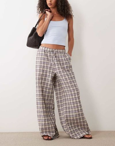 Asos Design Pull-On Pants In Brown Plaid