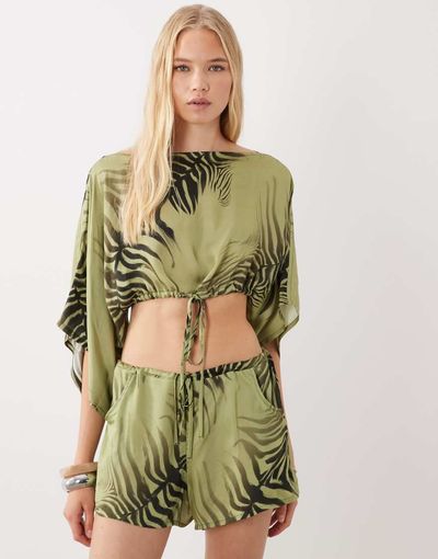 ASOS DESIGN ASOS DESIGN pull on satin short in green zebra print - part of a set-Multi
