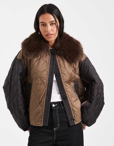 ASOS DESIGN ASOS DESIGN quilted hybrid teddy collarless jacket with pink lining in mocha-Navy