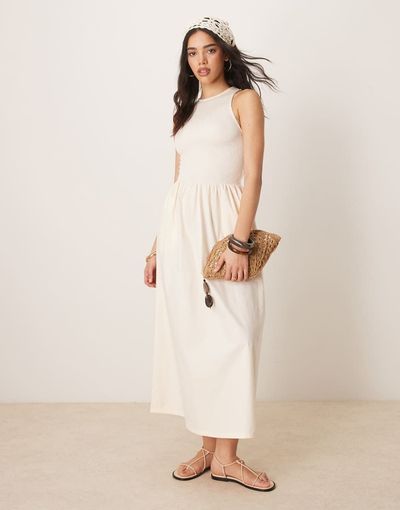 ASOS DESIGN ASOS DESIGN racer crinkle bodice poplin skirt midi dress in cream-White