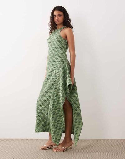ASOS DESIGN ASOS DESIGN racer midi dress with side ruffle detail in green plaid