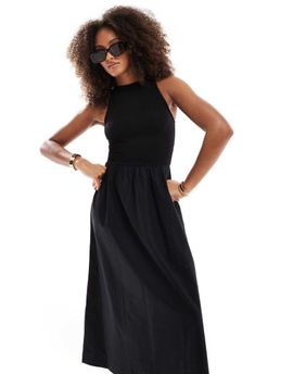 ASOS DESIGN ASOS DESIGN racer neck crinkle bodice poplin skirt midi dress in black