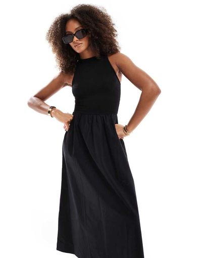 ASOS DESIGN ASOS DESIGN racer neck crinkle bodice poplin skirt midi dress in black