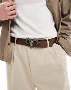 ASOS DESIGN ASOS DESIGN rams head buckle belt in washed dark brown faux leather