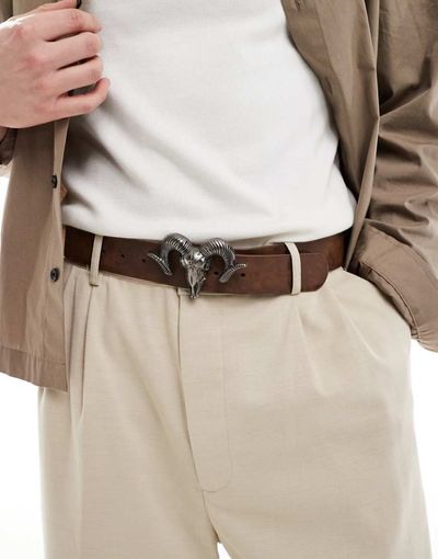 ASOS DESIGN ASOS DESIGN rams head buckle belt in washed dark brown faux leather