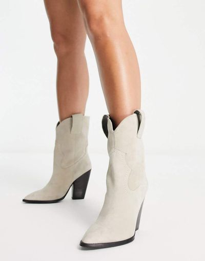 ASOS DESIGN ASOS DESIGN Ranch suede mid-calf heeled western boots in off white-Neutral