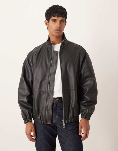 ASOS DESIGN ASOS DESIGN real leather oversized track jacket in black