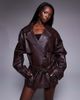 ASOS DESIGN ASOS DESIGN real leather strong shoulder trench coat in burgundy-Red - 1