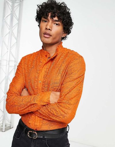 ASOS DESIGN ASOS DESIGN regular crochet shirt with 70s ruffle front in orange