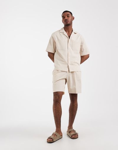 ASOS DESIGN ASOS DESIGN regular dress shorts in stone seersucker - part of a set-Neutral
