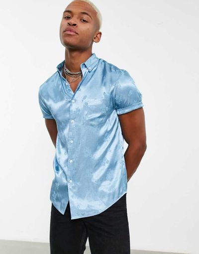 ASOS DESIGN ASOS DESIGN regular fit satin shirt in blue floral jacquard