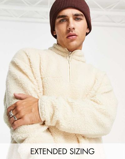 ASOS DESIGN ASOS DESIGN relaxed borg quarter zip sweatshirt in beige-Neutral
