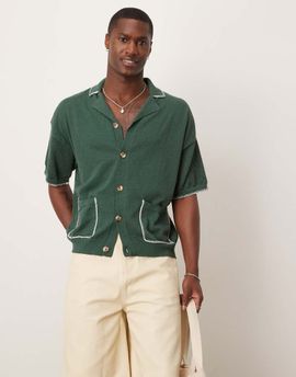 ASOS DESIGN ASOS DESIGN relaxed boxy fit knit button down polo shirt with blanket stitch in dark green