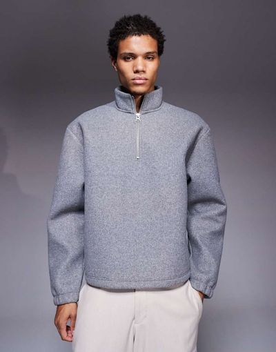 ASOS DESIGN ASOS DESIGN relaxed boxy funnel neck quarter zip felt sweatshirt in gray