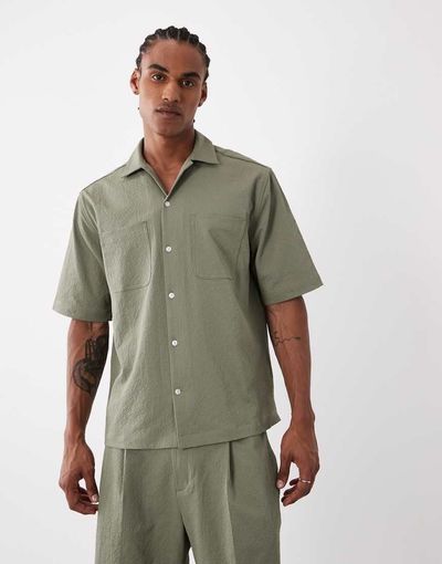 ASOS DESIGN ASOS DESIGN relaxed dress shirt in khaki-green seersucker - part of a set