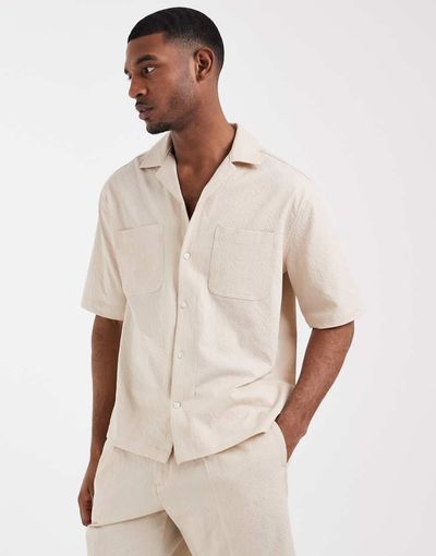 ASOS DESIGN ASOS DESIGN relaxed dress shirt in stone seersucker - part of a set-Neutral