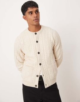 ASOS DESIGN ASOS DESIGN relaxed fit cable knit cardigan with crew neck in stone-Neutral