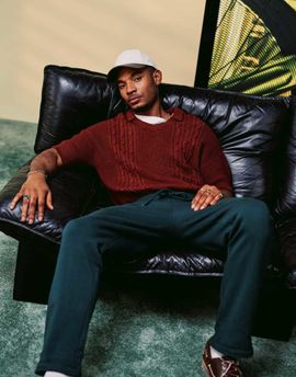 ASOS DESIGN ASOS DESIGN relaxed fit cable knit notch neck polo in burgundy-Green