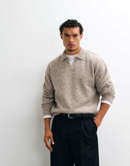 ASOS DESIGN ASOS DESIGN relaxed knit exposed seams notch neck sweater in taupe-Neutral