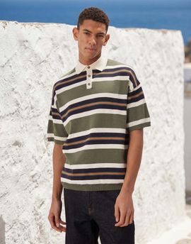 ASOS DESIGN ASOS DESIGN relaxed knit polo shirt in khaki-green and navy stripes-Multi
