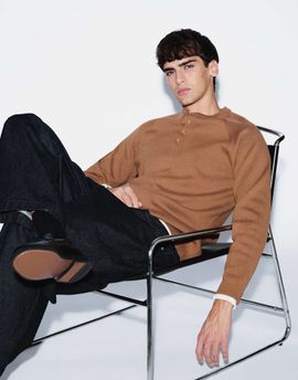 ASOS DESIGN ASOS DESIGN relaxed knitted henley in taupe-RED
