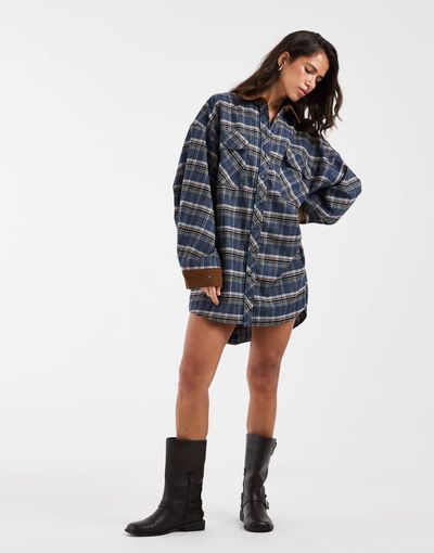 Asos Design Relaxed Mini Shirt Dress With Contrast Cord Trims In Navy Plaid