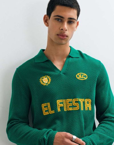 ASOS DESIGN ASOS DESIGN relaxed open knit soccer-style notch neck long sleeve polo in green