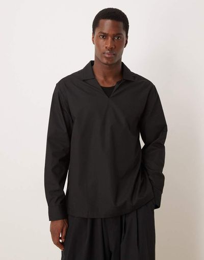 ASOS DESIGN ASOS DESIGN relaxed poplin v-neck over the head shirt in black