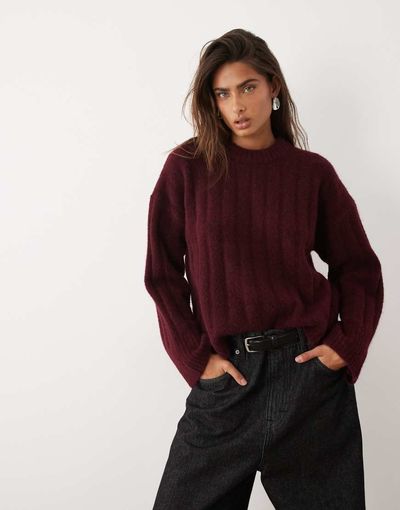 ASOS DESIGN ASOS DESIGN relaxed rib crew neck knitted sweater in plum-RED