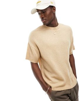 ASOS DESIGN ASOS DESIGN relaxed short sleeve lightweight fluffy knit T-shirt in stone-Neutral