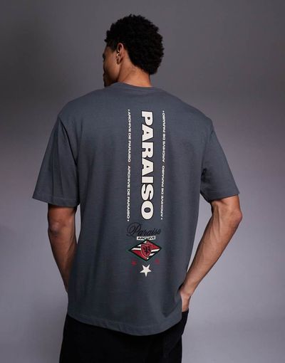 ASOS DESIGN ASOS DESIGN relaxed t-shirt with text and emblem spine graphics in dark gray