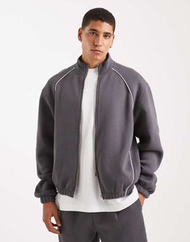 ASOS DESIGN ASOS DESIGN relaxed track jacket with piping in charcoal-Gray