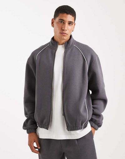 ASOS DESIGN ASOS DESIGN relaxed track jacket with piping in charcoal-Gray