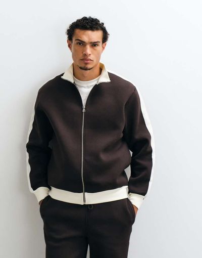 ASOS DESIGN ASOS DESIGN relaxed zip through track jacket in scuba-style fabric with pique panels in brown
