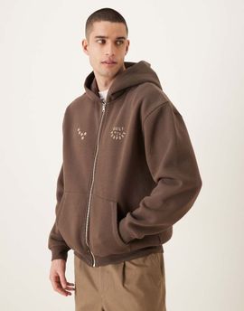 ASOS DESIGN ASOS DESIGN relaxed zip up printed hoodie with contrast stitching in brown