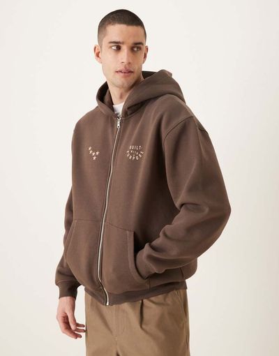 ASOS DESIGN ASOS DESIGN relaxed zip up printed hoodie with contrast stitching in brown